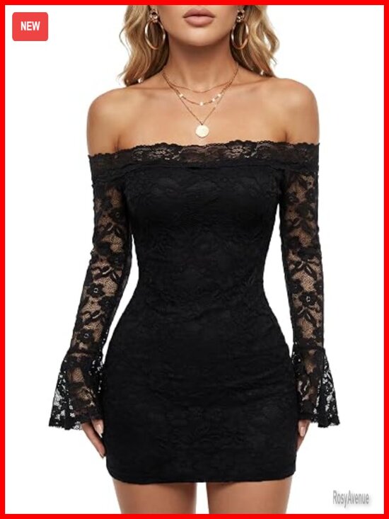 Dresses & Skirts - Floral Lace Off Shoulder Bell Long Sleeve Bodycon Mini Dress Club Night Out